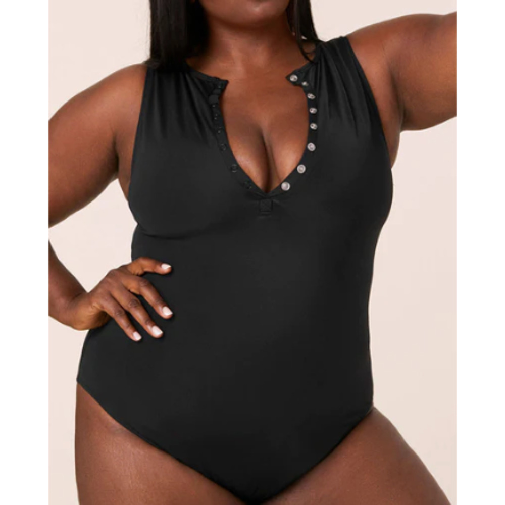 NWT Andie Women's The Malibu One Piece Snap Front LONG TORSO Swimsuit Black XLT - Picture 2 of 11
